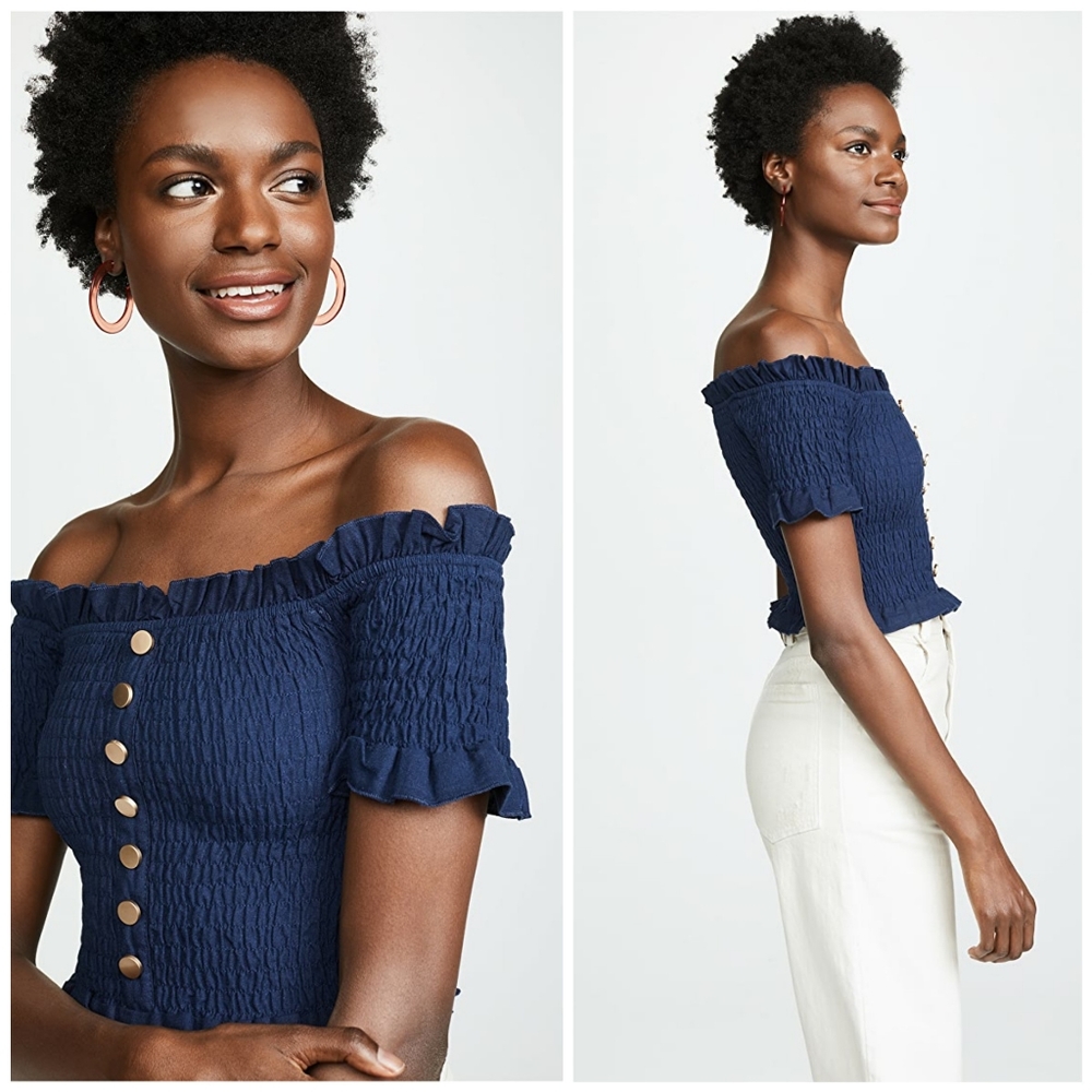 Suboo Blue Shirred Button Front Crop Top